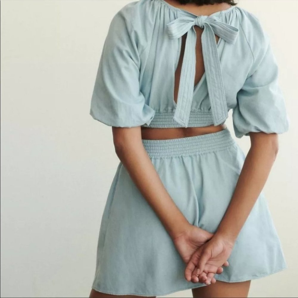 Anthropologie Love The Label Blue Puff Sleeve Chambray Dress